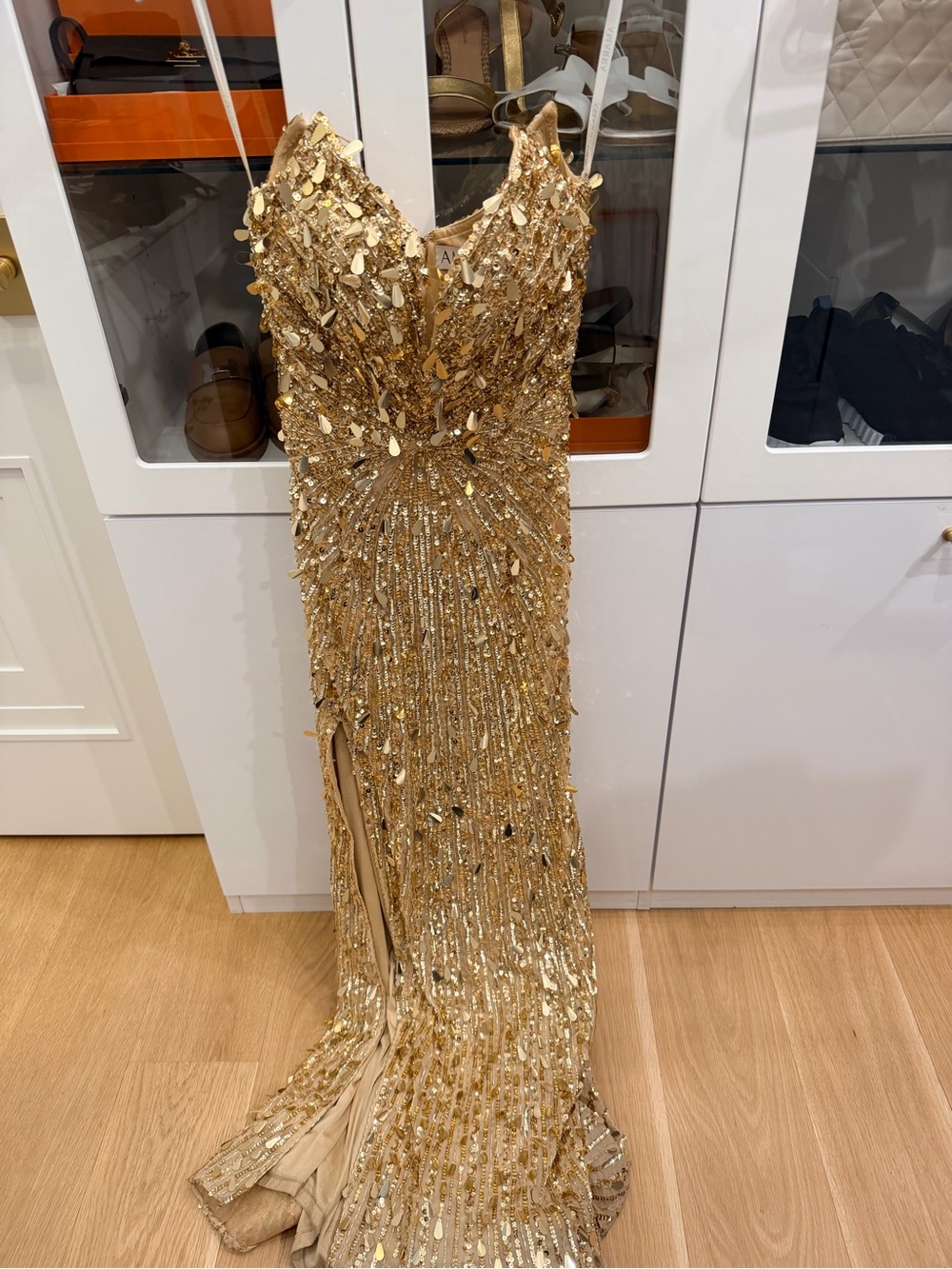Gold Strapless Sequin Evening Gown